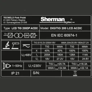 Инверторен ВИГ заваръчен апарат SHERMAN DIGITIG 200 LCD AC/DC/ 200A