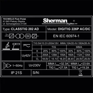 Инверторен ВИГ заваръчен апарат SHERMAN DIGITIG 226P AC/DC/ 200A