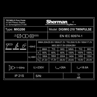 Инверторен телоподаващ апарат SHERMAN DIGIMIG 210 TWINPULSE/ 200A